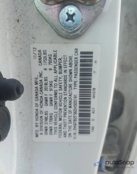 2013 Honda Civic Lx z USA, uszkodzony, nr VIN 2HGFB2F56DH505191